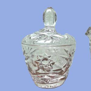 Vintage 1960s Anchor Hocking Prescut Clear Creamer & Lidded Sugar Bowl Set